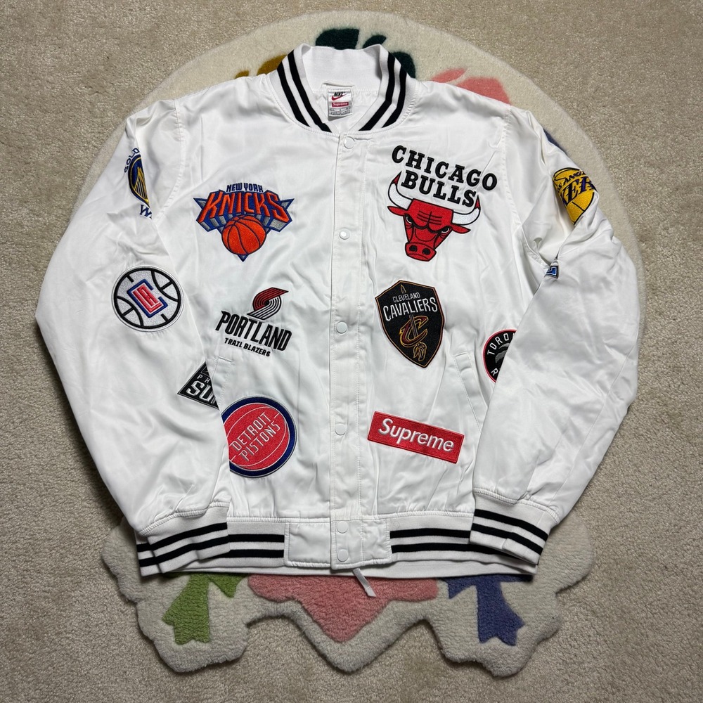 Supreme Nike NBA Teams Warm-Up Jacket White Large Embroidered Patches Bomber